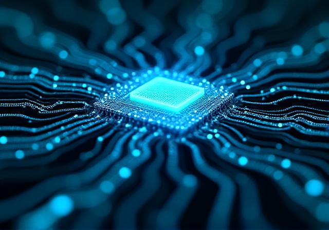 Abstract visualization of data flowing through an AI processor