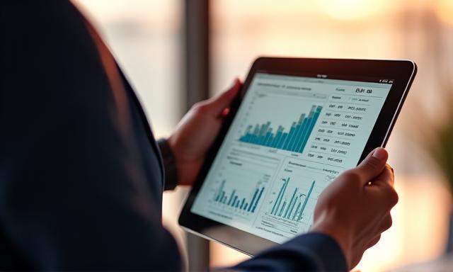 A business professional analyzing analytics charts on a tablet